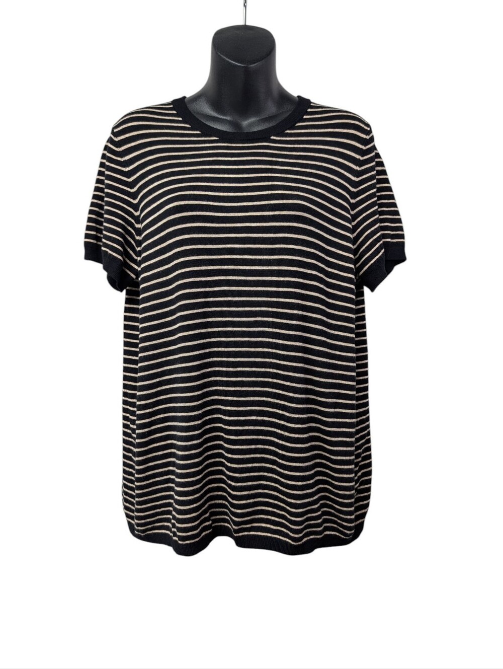 Tahari Womans Plus Size 1X Black Beige Striped Knit Top Gold Zip Short Sleeve
